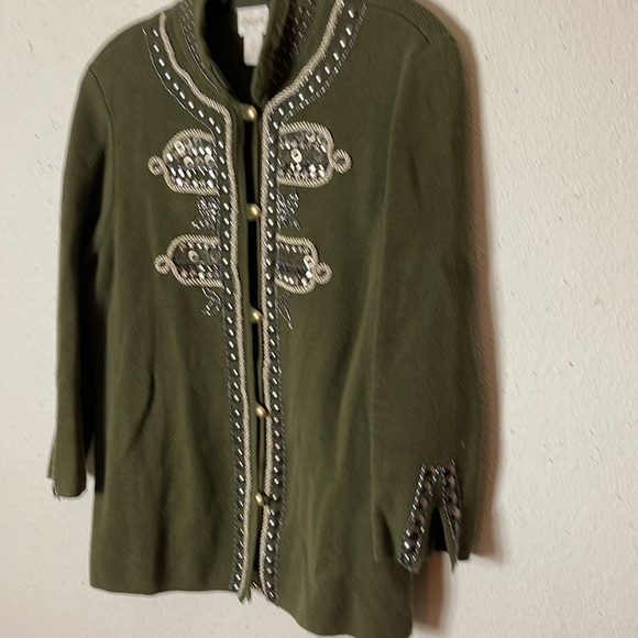 CHICOS MILITARY EMBELLISHED SWEATER JACKET CARDIGAN OLIVE L (12) - Picture 6 of 11